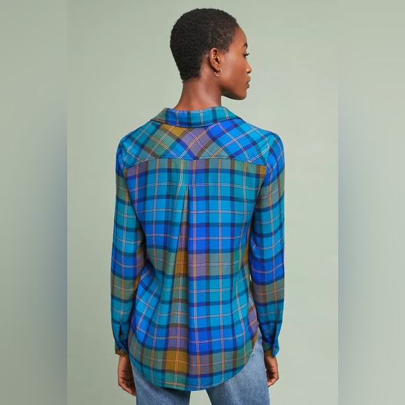Anthropologie Cloth & Stone Shoshone plaid blue flannel button down top - Picture 4 of 9